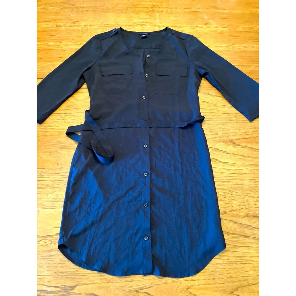Moda International Women's Black Solid Shirt Dress Belted Pockets 3/4 S
